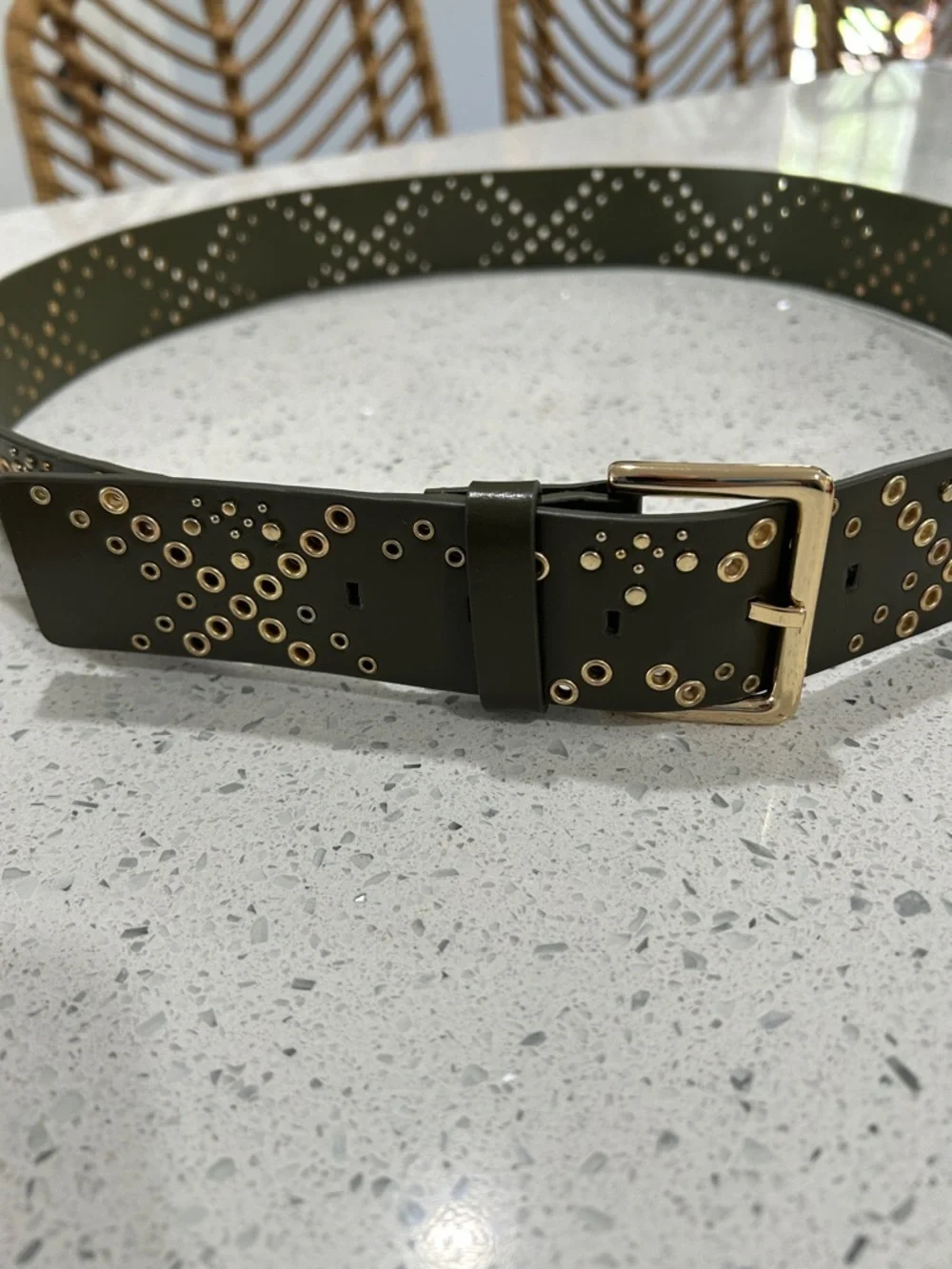NWOT Rebecca Minkoff Olive Green Leather Studded Grommet Gold Hardware Belt - L